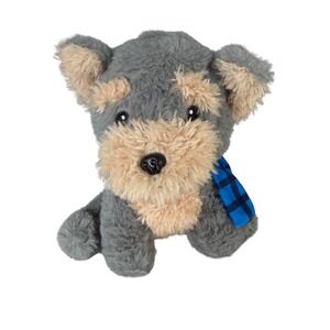 Walmart Gray Schnauzer Terrier Puppy Dog Plush Stuffed Animal Blue Plaid Scarf
